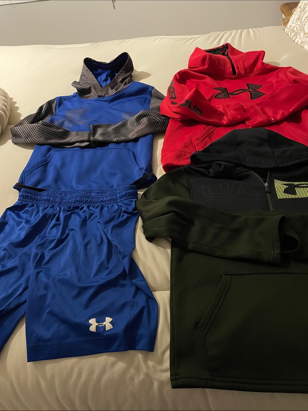 Under Armour Blue Shorts & Pullover with Red and Olive Hoodies